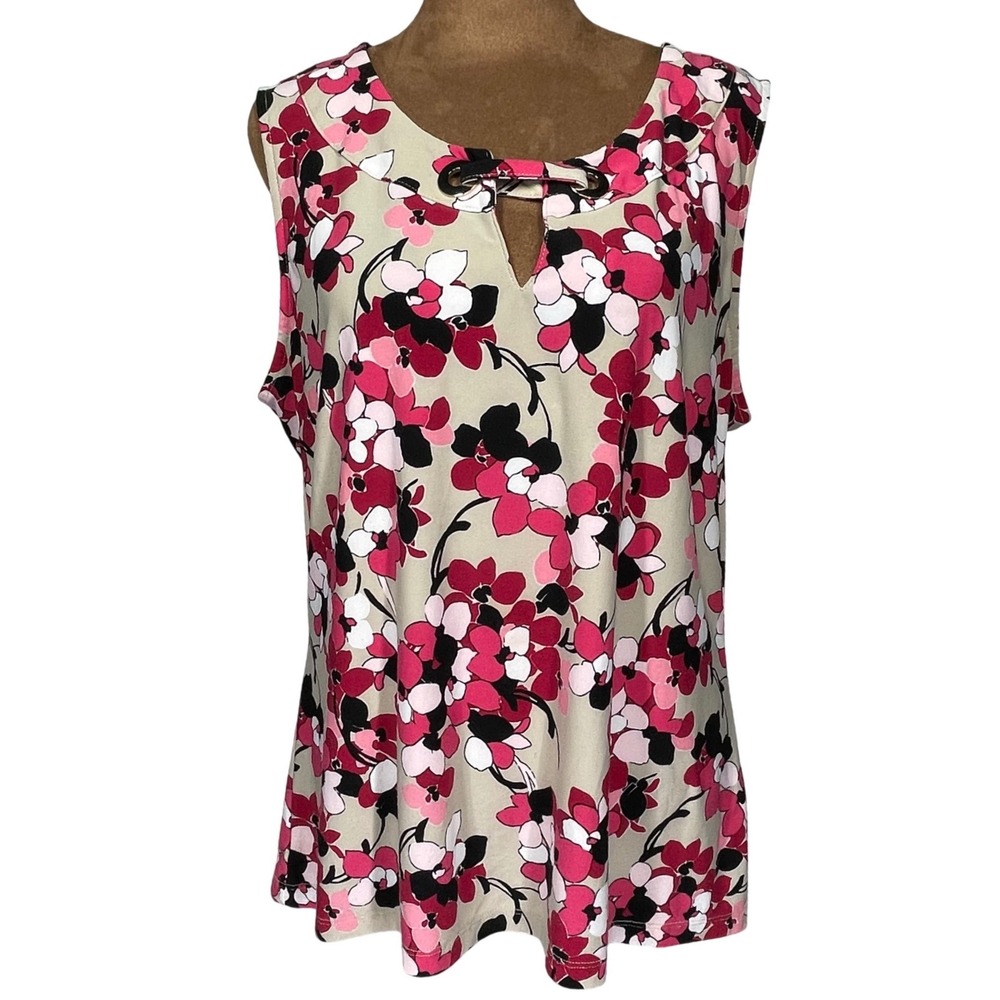 Tommy Hilfiger Womens XL Pink Floral Sleeveless Keyhole Grommet Jersey Top Chic
